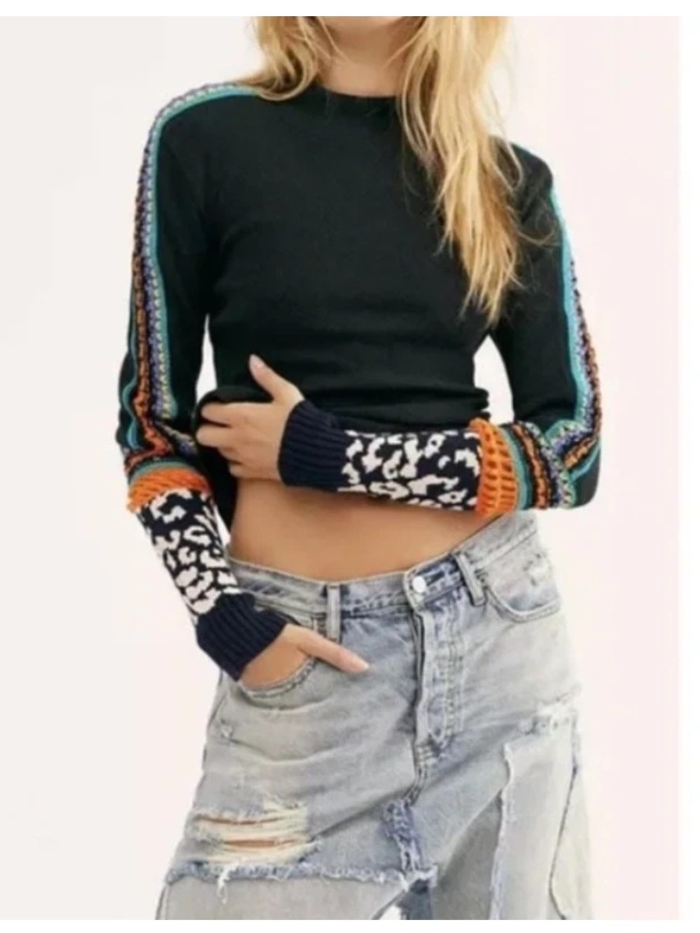 Free People Switch It Up Mock Neck Thermal Top Leopard Crochet Mixed Media